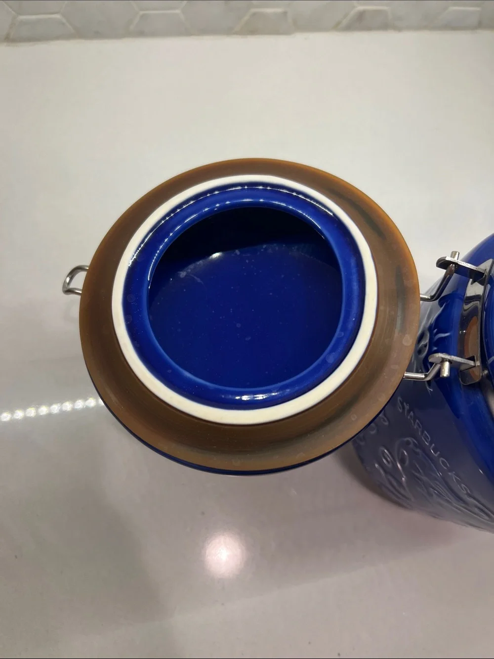 Vintage Cobalt Blue Starbucks Air Lock Coffee Canister Embossed Mermaid Sun